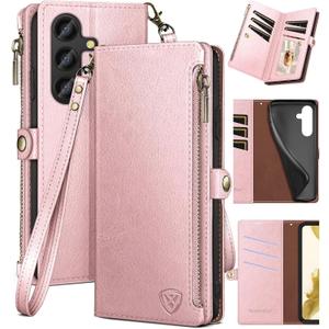 XcaseBar for Samsung Galaxy S24 5G Wallet case with Zipper Credit Card Holder RFID Blocking, Flip Folio Book PU Leather Shockproof Protective Cover Women Men for Samsung S24 Phone case, Rose Gold