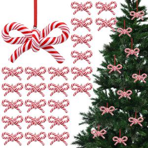 Hungdao 24 Pcs Bow Candy Cane Christmas Ornaments Red and White Christmas Tree Decoration Stripe Candy Cane Hanging Ornament Polymer Clay Peppermint Pendant for Xmas Tree Home Party Holiday Decor