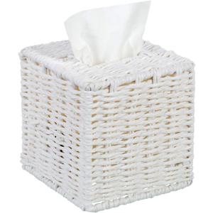 MyGift Decorative White Woven Square Tissue Box Holder with Easy Open Refill Bottom, Bathroom Decor Facial Tissues Cover with Sturdy Paper Rope Material