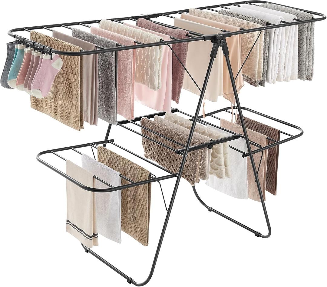 SONGMICS Clothes Drying Rack, Foldable 2-Level Laundry Drying Rack, Free-Standing Laundry Airer, with Height-Adjustable Wings, 33 Drying Rails, Sock Clips, Black ULLR053B01V1, 2 Tiers22"D x 61.8"W x 64.3''H )