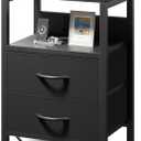 NightStand Bedside Charging Table Bedroom - Night Stand with Charger Station, Modern Nightstand with Open Shelf & 2 Fabric Drawers, Bed Side Table with USB-C USB Ports & AC Outlets for Dorm, Black