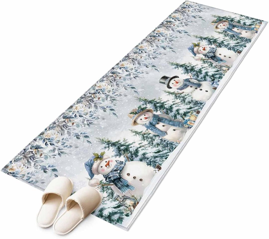 Winter Snowman Washable Area Rug 2x6ft Christmas Tree Snowflakes Xmas Leaf Floral Soft Rectangle Rugs for Living Room, Non Slip Carpet for Bedroom Entryway Dining Room