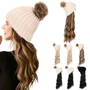 HOOJIH Hat Wig, Hat with Hair Attached Long Wavy Curly White Knitted Beanie Hat Wig with Faux Fur Pom Hat Attached Synthetic Hairpiece for Women - Light Brown with Medium Golden Blonde Highlights (One Size)