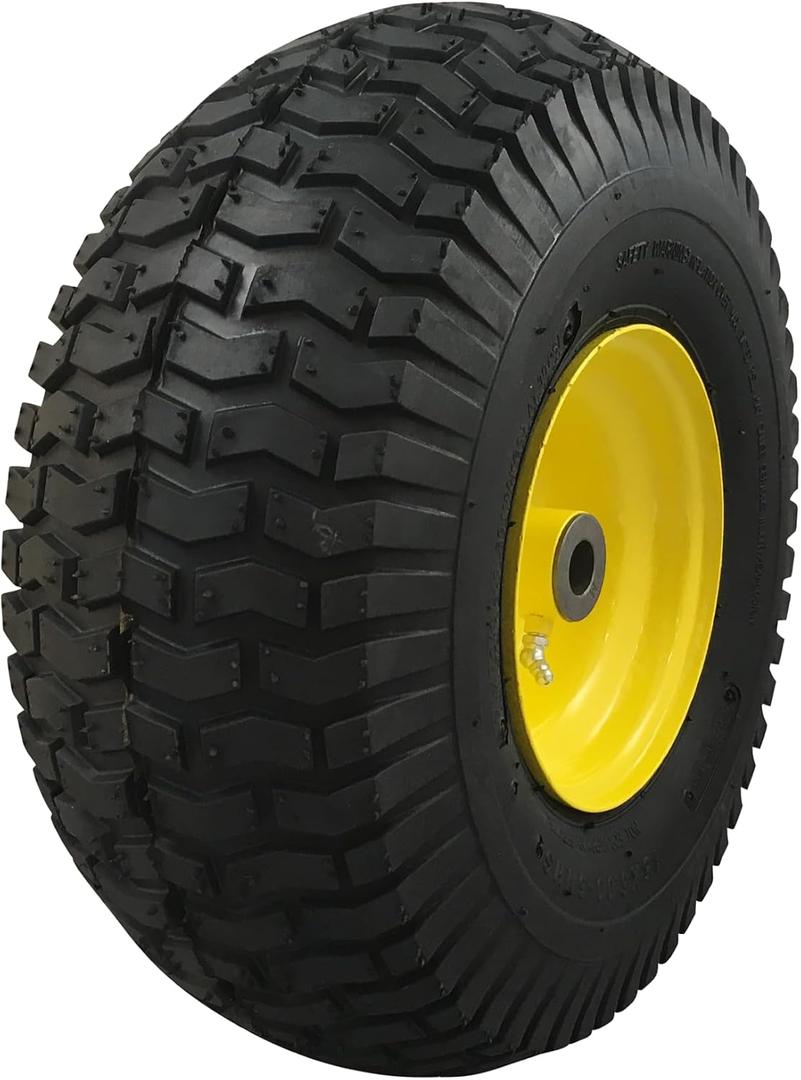 Marastar 15x6.00-6 Pneumatic, OEM Like Replacement Front Tire and Wheel Assembly, Compatible with John Deere Mowers, Turf Saver, 4PR Tube-Type Tire, Yellow Wheel, 3-Inch Offset Hub, 3/4-Inch Bushings
