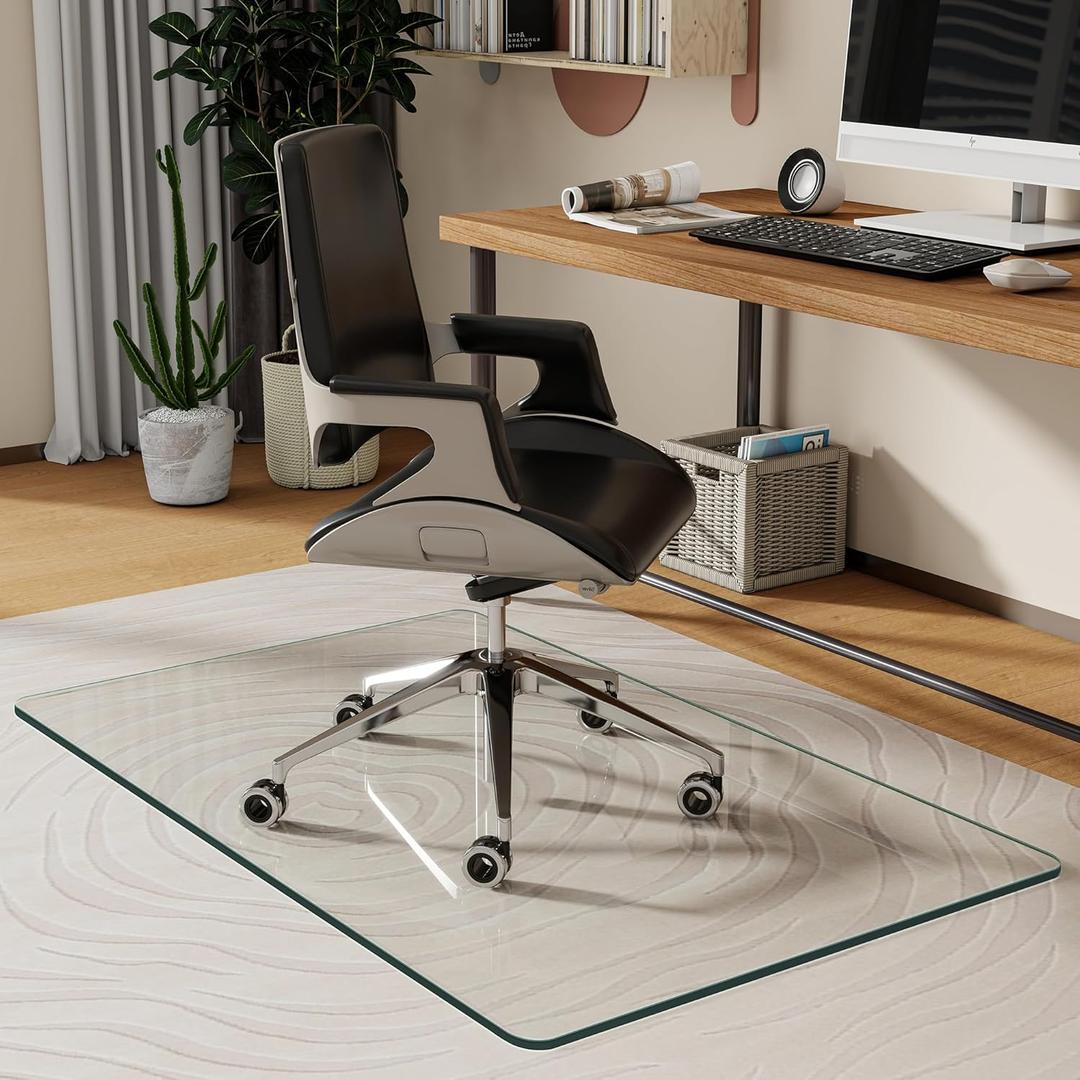 BesWin Glass Chair Mat, Large Tempered Glass Floor Mat for Office Chair on Carpeted or Hardwood Floor, Anti-Slip Heavy Duty Desk Chair Mats for Home or Office, Sturdy & Durable - 46" x 55"