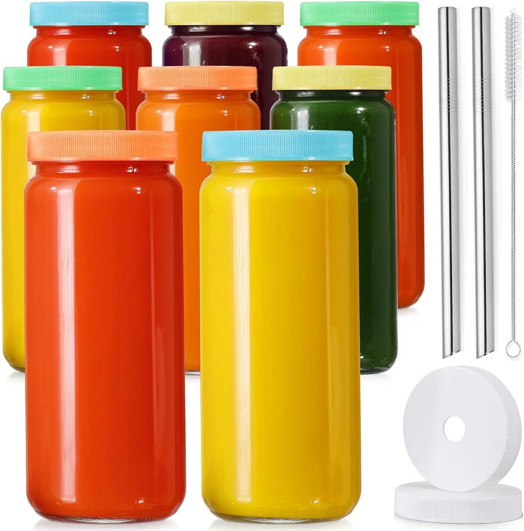8 Pack Glass Juicing Bottle Drinking Jars with 2 Straws & 2 Lids w Hole- 16 OZ Travel Water Cups with Colored Airtight Lids, Reusable Tall Mason Jar for Juice, Bubble Tea, Smoothie, Tea, Kombucha
