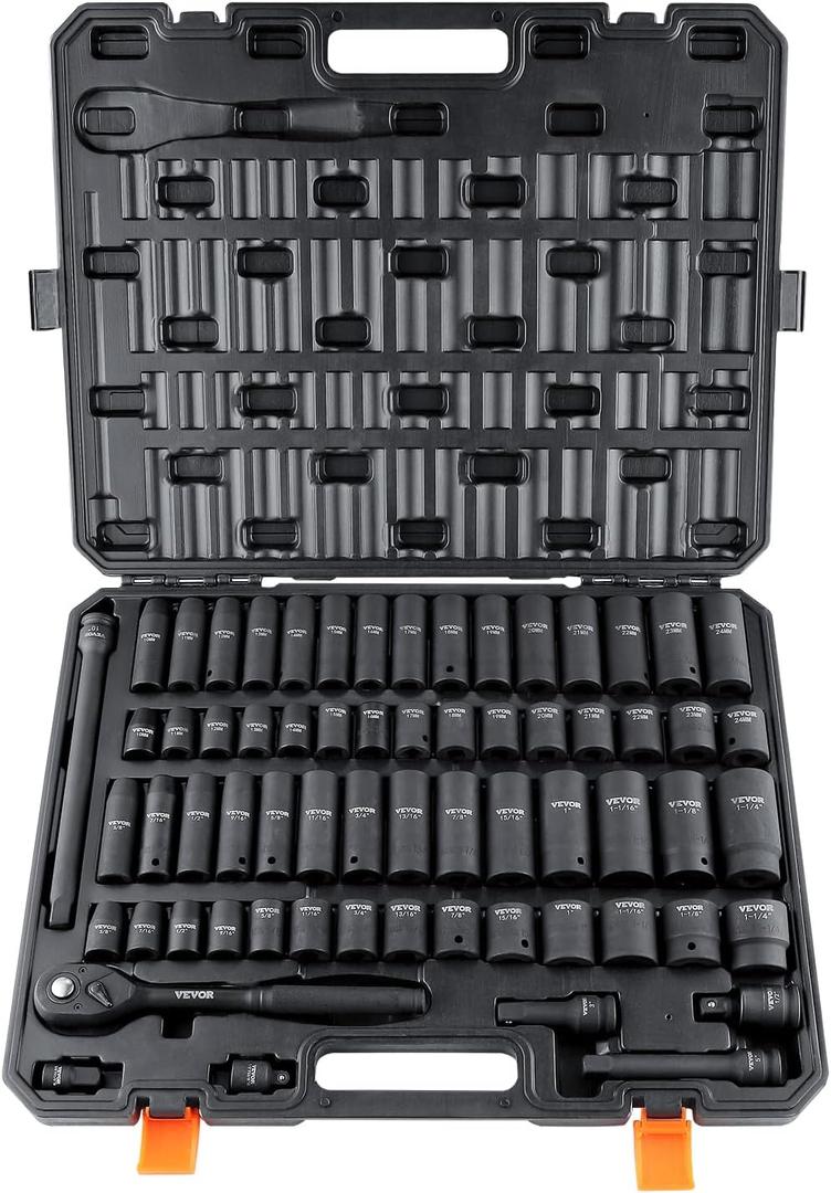 VEVOR 1/2" Drive Impact Socket Set, 65 Piece SAE 3/8" to 1-1/4" and Metric 10-24mm, 6 Point Cr-V Alloy Steel for Auto Repair, Easy-to-Read Size Markings, Rugged Construction, Storage Case (1/2" Deep&Shallow)