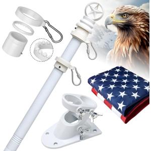 American Flag with Pole Kit - 5ft Heavy Duty Stainless Steel Flagpole for Outside House,3x5 Embroidered US Flags,Tangle-Free Outdoor, Metal Holder Mount Bracket for Residential Porch,Wall - White