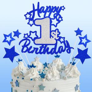 Happy 1st Birthday Cake Topper Decoration Blue Silver Glitter Toppers First Year Around the Sun 1 Year Old Party Decor Celebration Cupcake Toppers