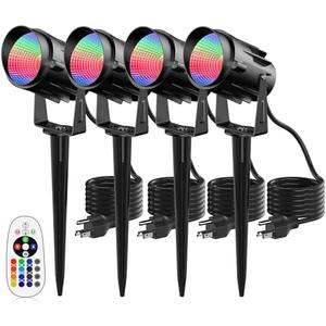 JIAQIYAN Spotlight Outdoor RGB Led Lights, 12W Color Changing Outdoor Floodlight Fixture with Stake for Garden Yard Path, 120V Waterproof Landscape Lighting Plug in with Remote (4 Pack)
