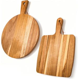 2 Pcs Acacia Wood Cutting Board with Handle, Decorative Wooden Serving Chopping Board Large Butter Charcuterie Butcher Blocks Tray for Kitchen Pizza Cheese Meat Vegetables Fruit Bread Baking