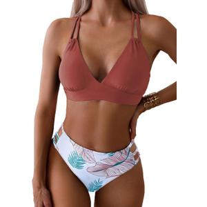 Tainehs Women's Push Up V Neck Bikini Sets Criss Cross Back Two Piece Bathing Suit (Medium, Brick Red Floral)