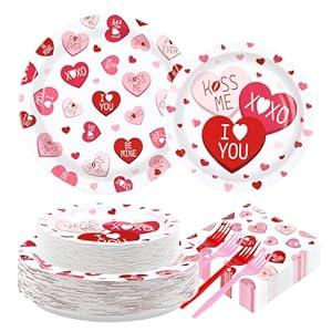 200Pcs Valentine's Day Party Supplies Pink Ture Love Heart Plates and Napkins Disposable Red Pink Hearts with Words Tableware Sets for Valentines Day Wedding Engagement Anniversary Decorations Serve50