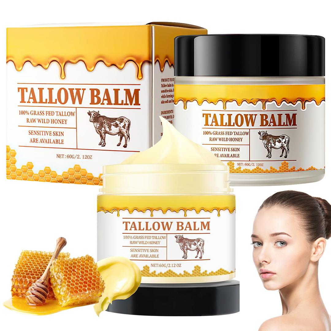 2PCS Tallow and Honey Balm, Tallow Balm, Premium Beef Tallow and Wild Honey, Balm for Skin Hydration Tallow Face Moisturizer for All Skin Types 60g / 2.12oz