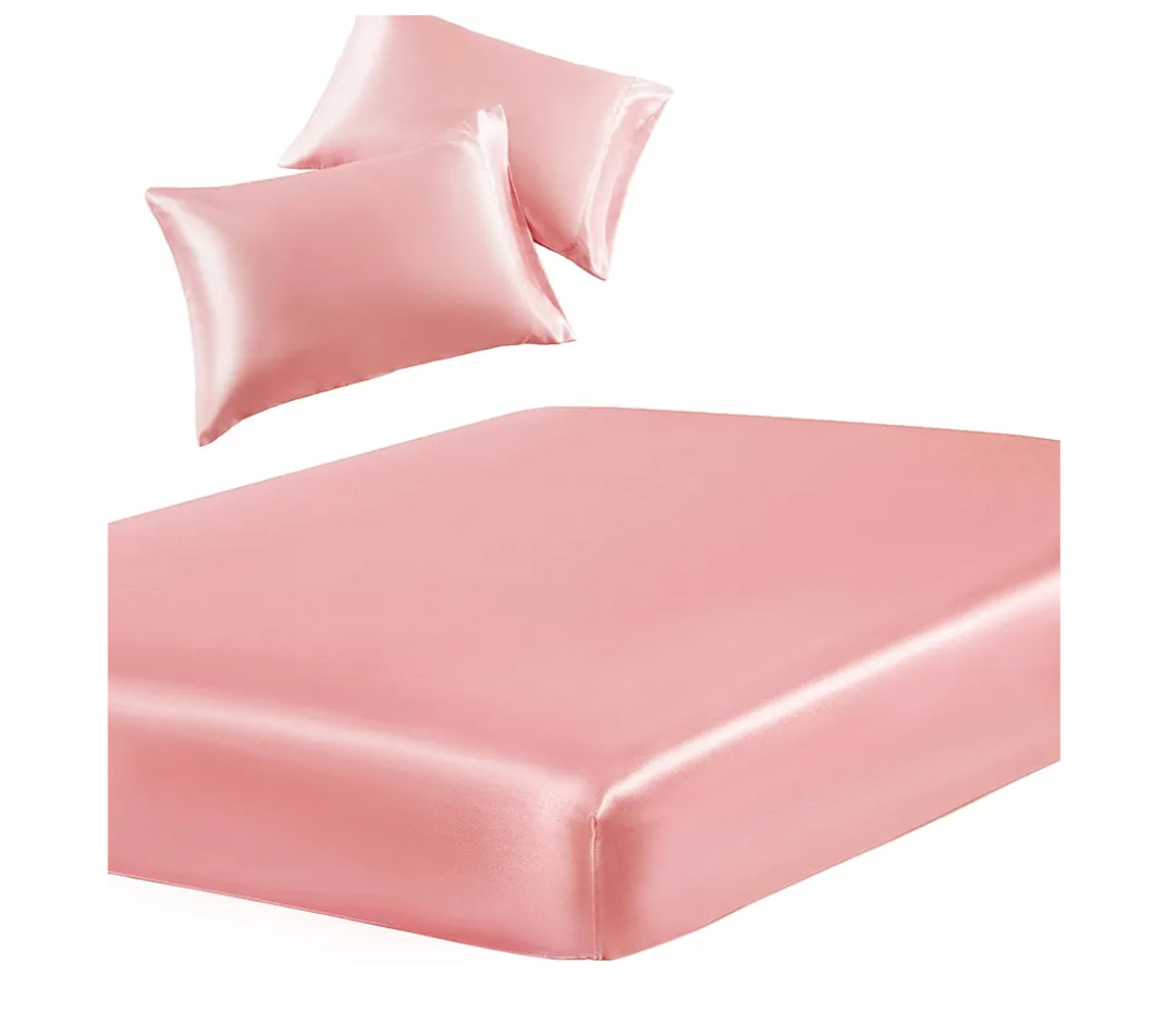 Satin Bedding Set: Flat Sheet, Fitted Sheet, Color Pink, 84x40 inch