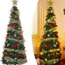 6Ft Prelit Pop Up Christmas Tree with Remote Control Pre-Decorated Collapsible Christmas Tree with Ornamental Star Ribbon Bows Candy Canes 150 LED Warm Light 8 Mode Holiday Party Decor (Green)