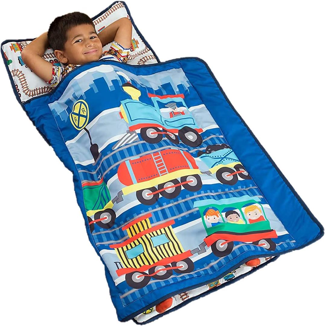 EVERYDAY KIDS Toddler Nap Mat with Removable Pillow -Choo Choo Train- Carry Handle with Fastening Straps Closure, Rollup Design, Soft Microfiber for Preschool, Daycare, Sleeping Bag - Ages 2-6 Years