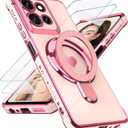 for Motorola Moto G 5G 2025 Love Heart Kickstand Case with 2X Screen Protector: Luxury Plated Gold Edge Slim Soft TPU Shockproof Protection Case Cover for Moto G 5G 2025 (Pink)