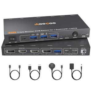USB C DP KVM Switch 2 Computers 3 Monitors,4K/1080P@60Hz MST KVM Switch for 1 PC&1 Laptop Share 3 Monitor with 4 USB3.0 Devices,PD for Laptop, USB Cables and Power Adapter(4K USB C DP 2 in 3 Out KVM)