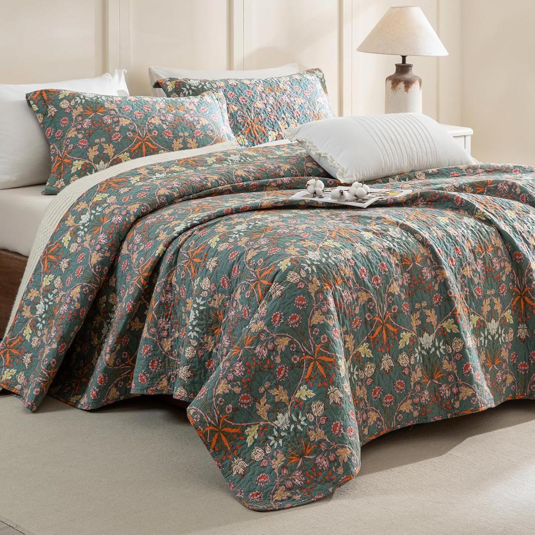 Sanracie 100% Cotton Quilt Queen Size(90"x98"), 3Pcs Flower Botanical Printed Pattern Quilted Bedspreads Set Luxury Soft Lightweight Aesthetic Bedding for All Season