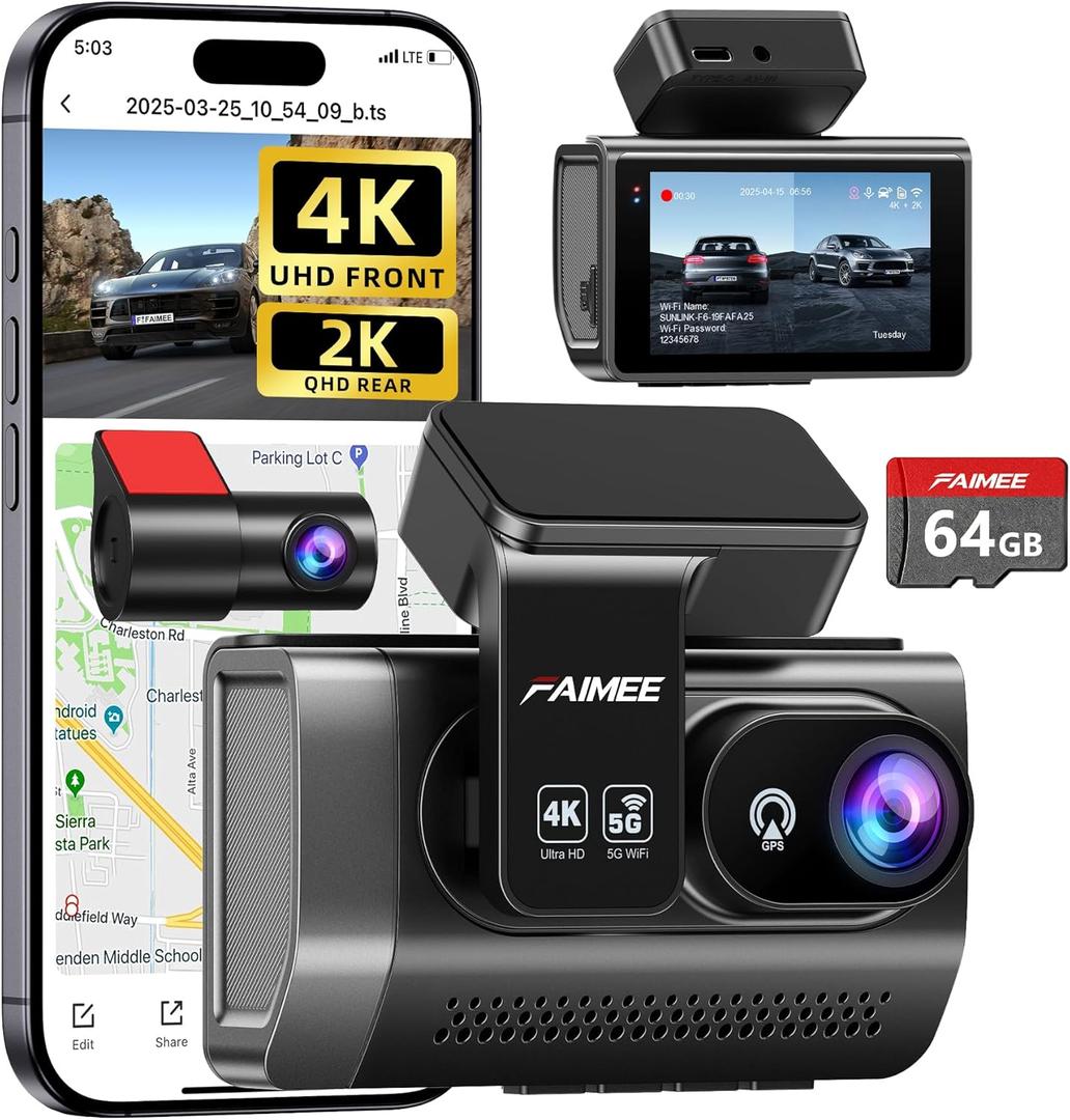 Dash Cam Front and Rear, 4K+2K Recording Dash Camera for Cars, Night Vision with WDR, 170 Wide Angle, 5.8G/2.4G Dual Wi-Fi, 64GB Card, Built-in GPS, G-Sensor Emergency Lock, 24H Parking Monitor