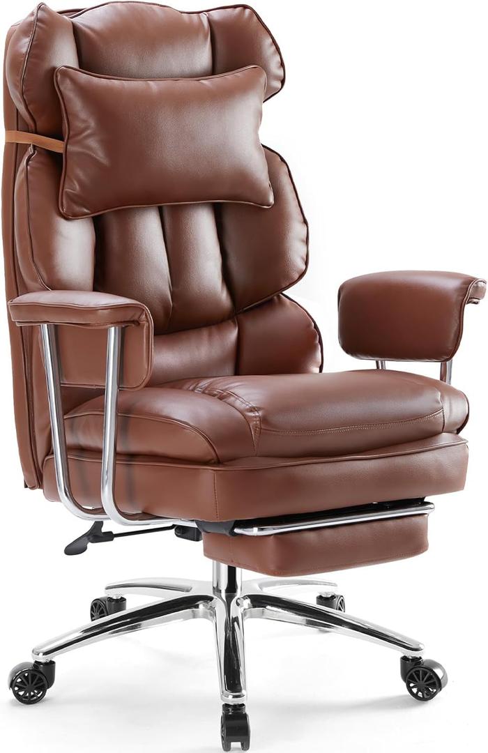 Sweetcrispy Executive Home Office Desk Chair - Ergonomic Big Tall High Back with Footrest & Lumbar Support, Reclining Height Adjustable, Comfy PU Leather Computer Gaming with Swivel Wheels, Brown