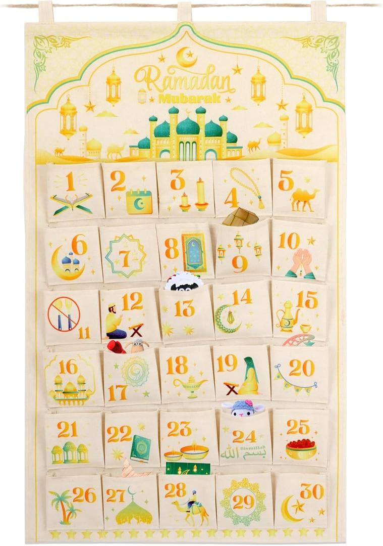 HOWAF Fabric Ramadan Mubarak Advent Calendar (Countdown to Eid), 30 Days Mystery Eid Mubarak Countdown Calendar with 30 Pockets for Eid Mubarak Home Wall Decoration