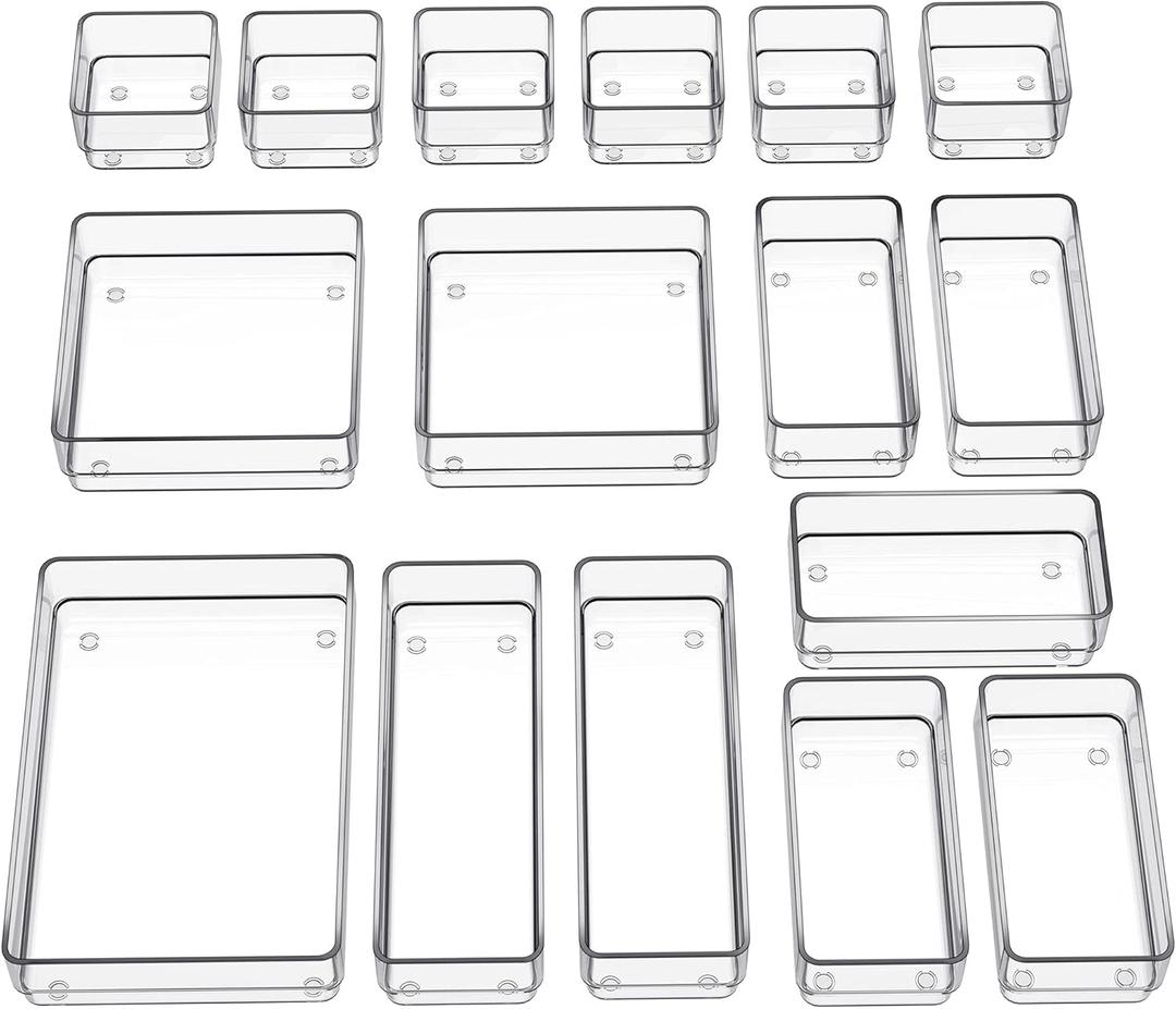 SMARTAKE 16-Piece Drawer Organizer with Non-Slip Silicone Pads, 5-Size Desk Storage Tray for Makeup, Jewelries, Utensils in Bedroom Dresser, Office and Kitchen, Clear (Medium)