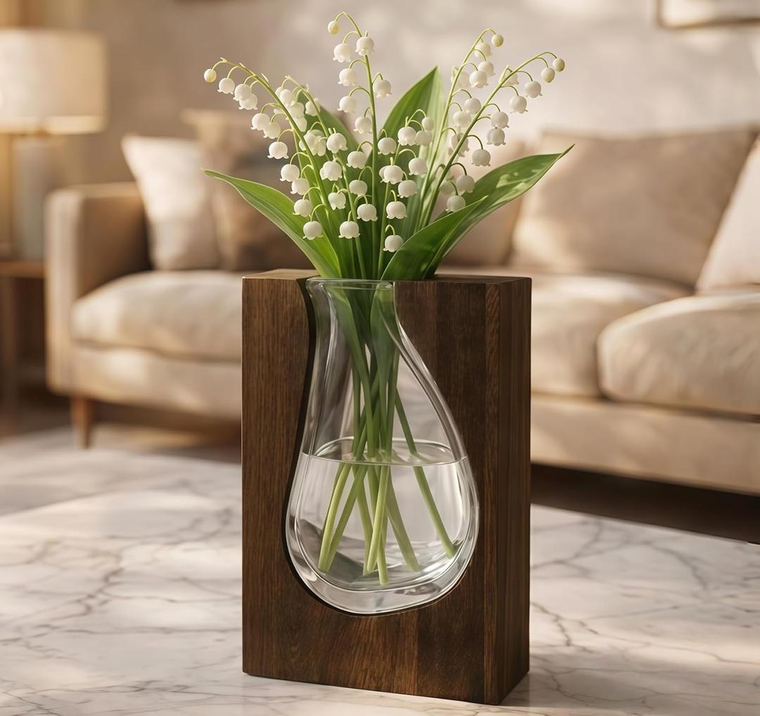 Wood and Glass Vase for Flowers - Handcrafted Solid Wood Glass Vase, Rustic Farmhouse Table Centerpiece, Artistic Wooden Vases for Home Decor Living Room (Large - Wide (9.5" H x 6.9" W))