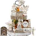 24 Pcs Easter Tiered Tray Decor Religious Easter Decorations He is Risen Cross Tray Decoration Sets Christian Cross Table Wooden Sign Farmhouse Table Decor for Home Kitchen Office Holiday