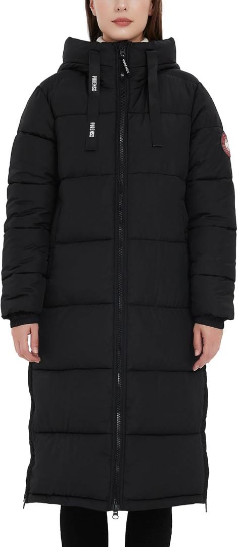 PUREMSX Womens Long Puffer Coat, Warm Thick Insulated Quilted Outdoor Windproof Hooded Jacket XS-XXL (Large, Black)
