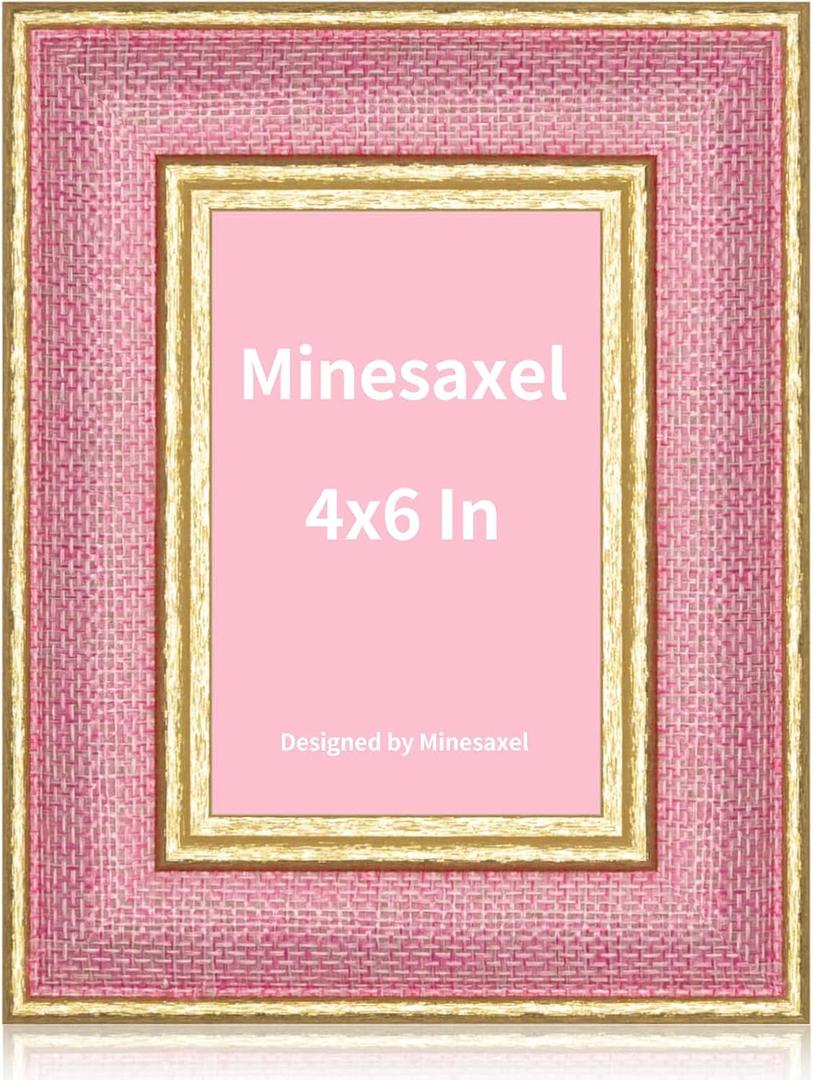 Pink 4x6 Cute Picture Frame,HD Real Glass Unique Fun or Vintage 4 by 6 Photo Frames,Gold Border with Easel for Tabletop and Wall Display 1 Pack