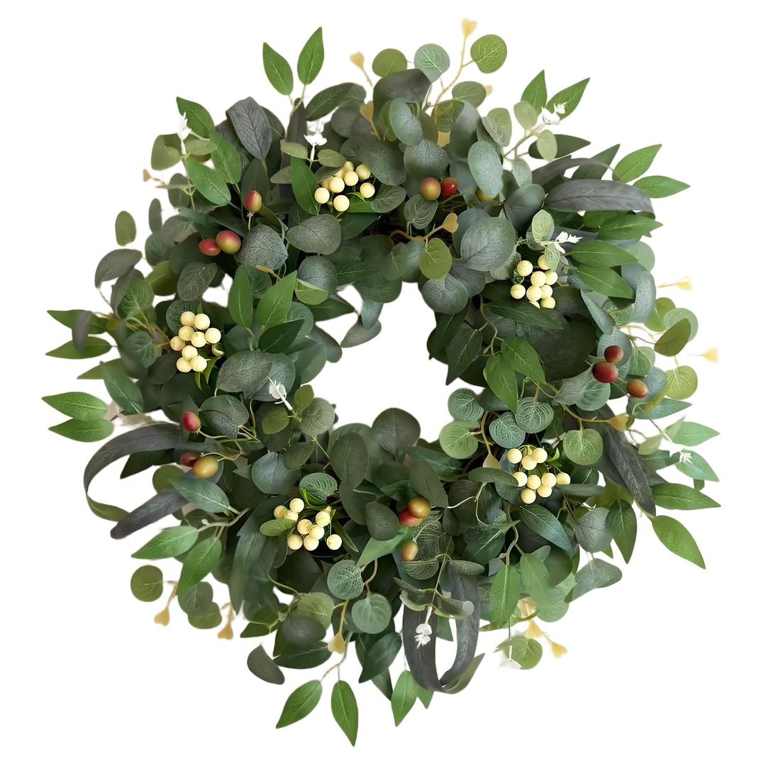 22-24" Eucalyptus Wreaths for Front Door,Spring Summer Fall Autumn Winter Wreaths,Large Eucalyptus Greenery Wreath with Olive Leaves Berries for Front Door Outdoor Farmhouse Decor All Seasons, Pack of 2