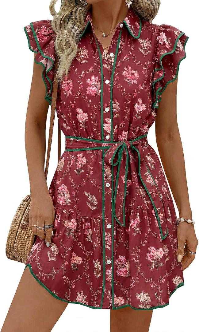 Wenrine Womens Summer Button Down Shirt Dress Casual Collar V Neck Floral Ruffle Sleeve Boho Beach Vacation Mini Dresses (Large, Burgundy)