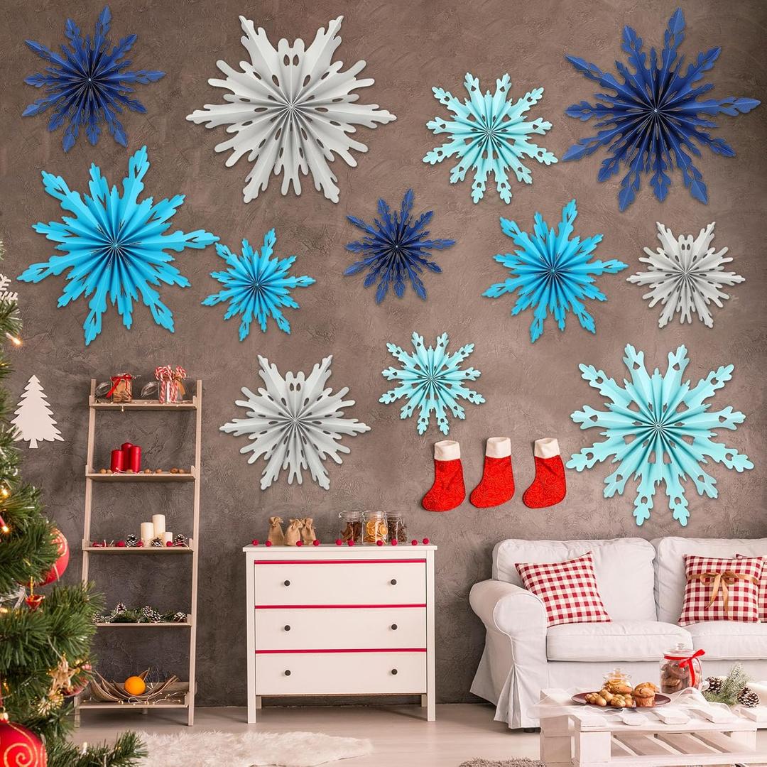 12 Pcs Snowflakes Hanging Decorations Blue Purple White Paper Fans Hollow Snowflakes Ceiling Hangings Decor Ice Birthday Fans Decor for Wedding Birthday Holiday Party Decoration(Blue)