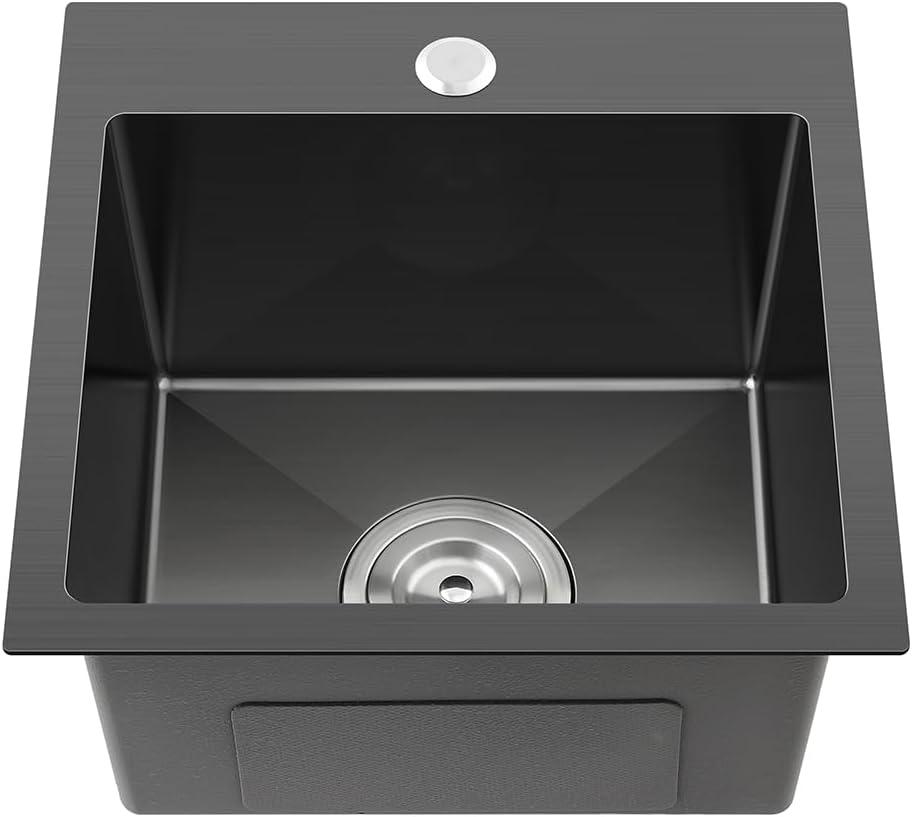 15 x 17 Inch Kitchen Bar Sink Drop In,304 Stainless Steel Handmade Single Bowl Topmount Kitchen Sink, Black
