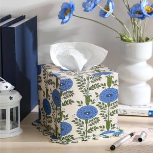 Blue Paper Mache Tissue Box Cover Floral Print Tissue Box Decorative Square Napkin Holder for Grand Millennial Home Bedroom Countertop Night Stands Office Country Decor