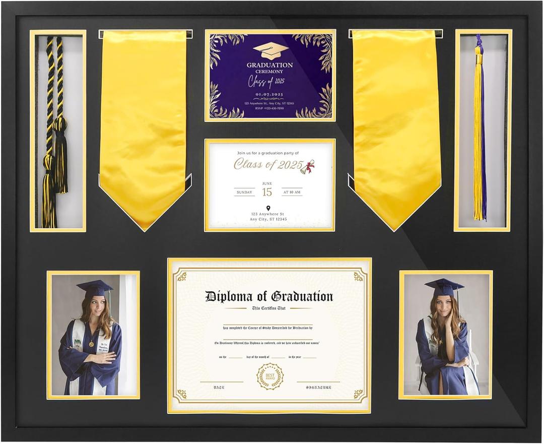 FramePro Graduation Shadow Box 24x29 Inch Display Case with Tempered Glass - Preserve Diploma(8.5x11), Tassel, Stole, Medal & 5x7 Photo | Premium Graduation Gift, Black Gold Mats