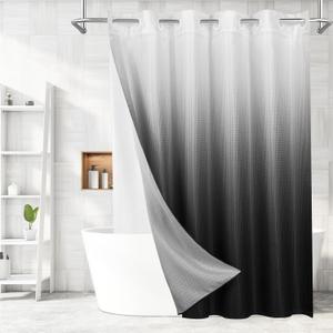 MitoVilla No Hooks Needed Black Ombre Waffle Shower Curtain Liner Set, Modern Waffle Weave Heavy Duty Fabric Cloth Shower Curtain with Snap-in Liner for Luxury Neutral Hotel Spa Bathroom Decor (72"W x 74"L (Pack of 1))