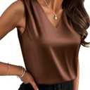 Zeagoo Women's Silk Satin Camisole Tank Tops V Neck Pleated Dressy Casual Sleeveless Blouses Summer Business Work Shirts (Large, Brown)