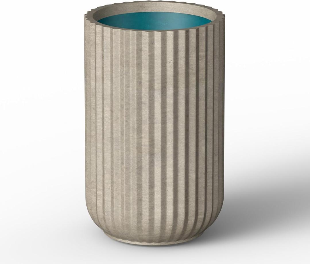 Kante Tall Fulted Planter, 21.7 Inch Tall Round Concrete Plant Pots with Drainage Hole and Rubber Plug, Modern Decor for Indoor Outdoor Plants, Flower, Weathered Finish with Forest Green Interior, Size: 14"Dia x 21.7" H