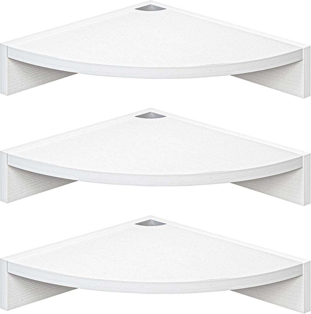 Fun Memories Corner Shelf Wall Mount, Wood Floating Corner Shelves, Corner Wall Shelf for Bedroom, Bathroom, Kitchen, Living Room (White, 3 Pack)