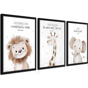 Framed Nursery Wall Art Set of 3, Kids Bible Verse Animal Canvas Wall Decor Paintings, Cute Safari Christian Pictures Posters Prints for Boys Room Bedroom Playroom Decor 16x24 Inch