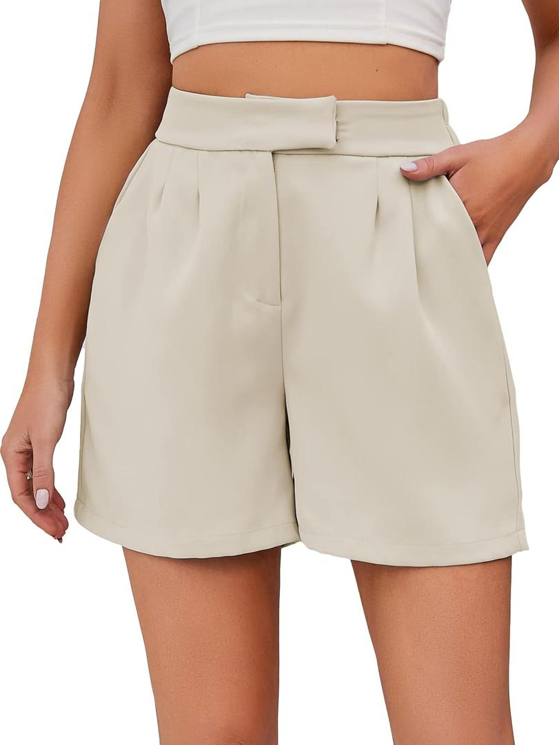Famulily Womens Summer Cute Shorts Casual Side Pockets High Waist Shorts with Back Elastic Waist (Medium, Beige)