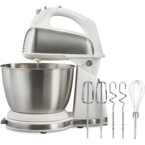 Hamilton Beach Classic Stand and Hand Mixer, 4 Quarts, 6 Speeds with QuickBurst, Bowl Rest, 290 Watts Peak Power, White (64655)