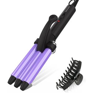 Hair Iron, 1/2 Inch Mini Crimper for Women Beach Waves, Hair Waver 3 Barrel Curling Iron with Ceramic Tourmaline, Dual Voltage Waver Curling Iron for Travel, Purple