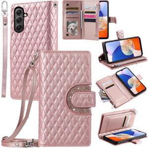 Phone Case for Samsung Galaxy A14/M14 5G Wallet Cover with and Crossbody Wrist Strap Shoulder Strap 9+ Card Slots Zipper Purse Luxury PU Leather Stand Cell A 14 4G 14A 14M G5 Women Men Pink