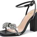 Amoji Women's 4 Inch Rhinestone Bowknots Block Heeled Crystal Sandal Ankle Strap Clear Heels 315 (10, 4inch-pu-black)