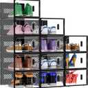 BALEINE 12 Pack Stackable Shoe Storage Boxes Fit Size 9, Thickened Clear Shoe Box Bins with Lids, Plastic Foldable Organizer Sneaker Storage Containers (Large, Black)