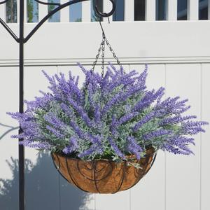 Artificial Hanging Flowers with Basket Fake Fall Lavender for Outdoor Decor, 12 Bundles Faux Purple Outside Decoration Realistic UV Resistant Plants for Porch Balcony Patio Garden Yard